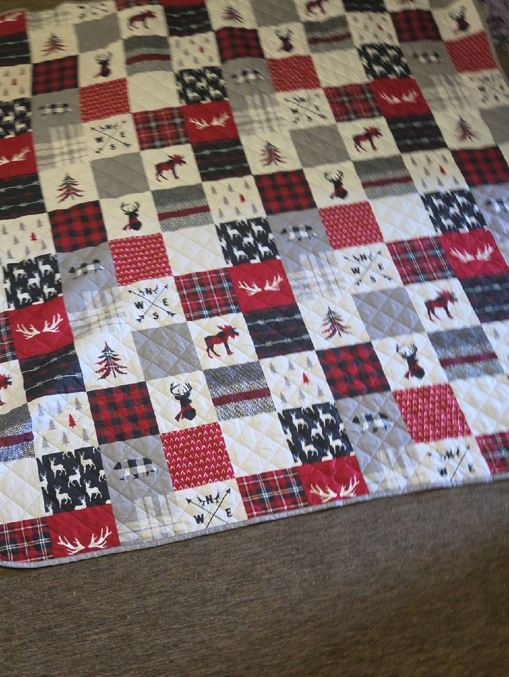 Festive Patchwork Reversible Quilt - Red, Black, Gray, White 74x64